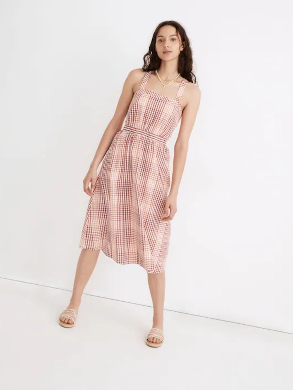 Madewell Red, White and Orange Cutout-Back Midi Dress in Gingham Plaid, Size 8